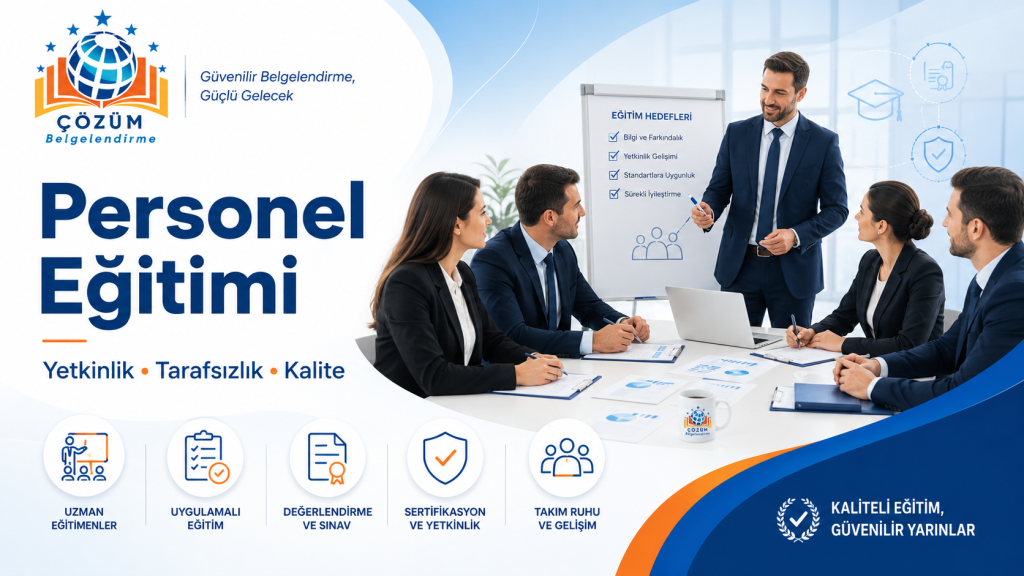 Çözüm Belgelendirme logosu ile personel eğitimi, yetkinlik, tarafsızlık ve kalite süreçlerini anlatan kurumsal görsel