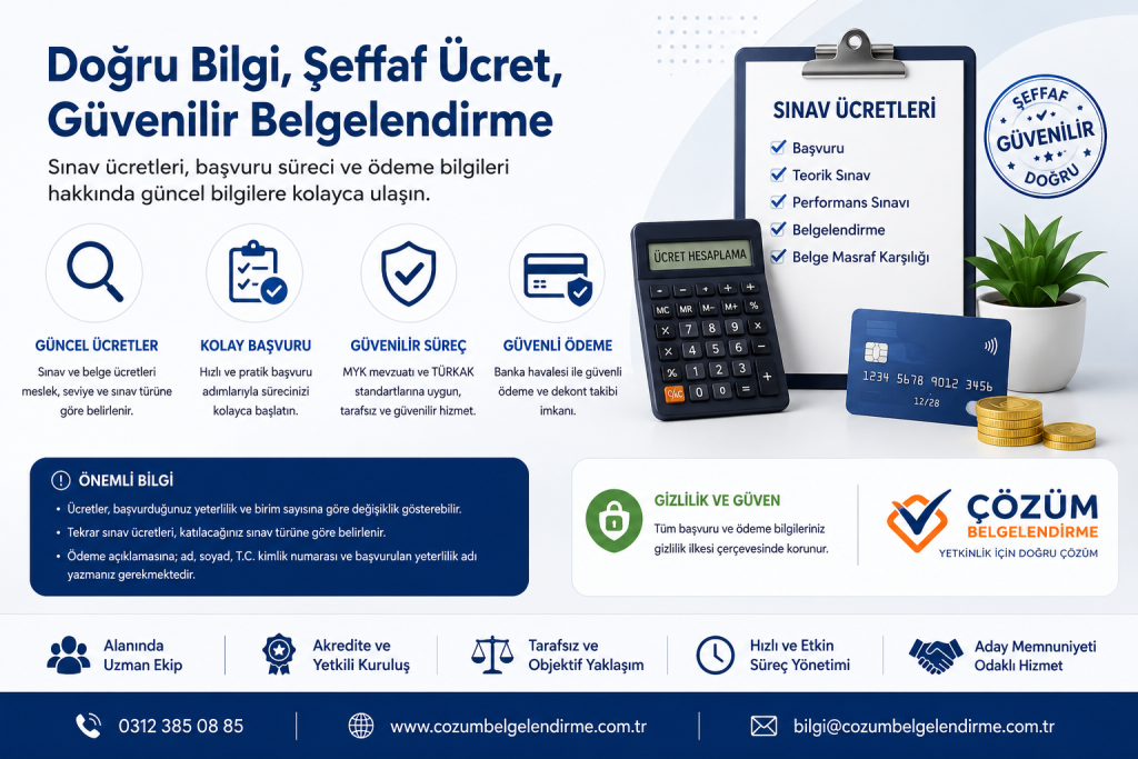 Sınav ücretleri, güncel ücret bilgileri, başvuru süreci ve güvenli ödeme seçeneklerini anlatan kurumsal görsel