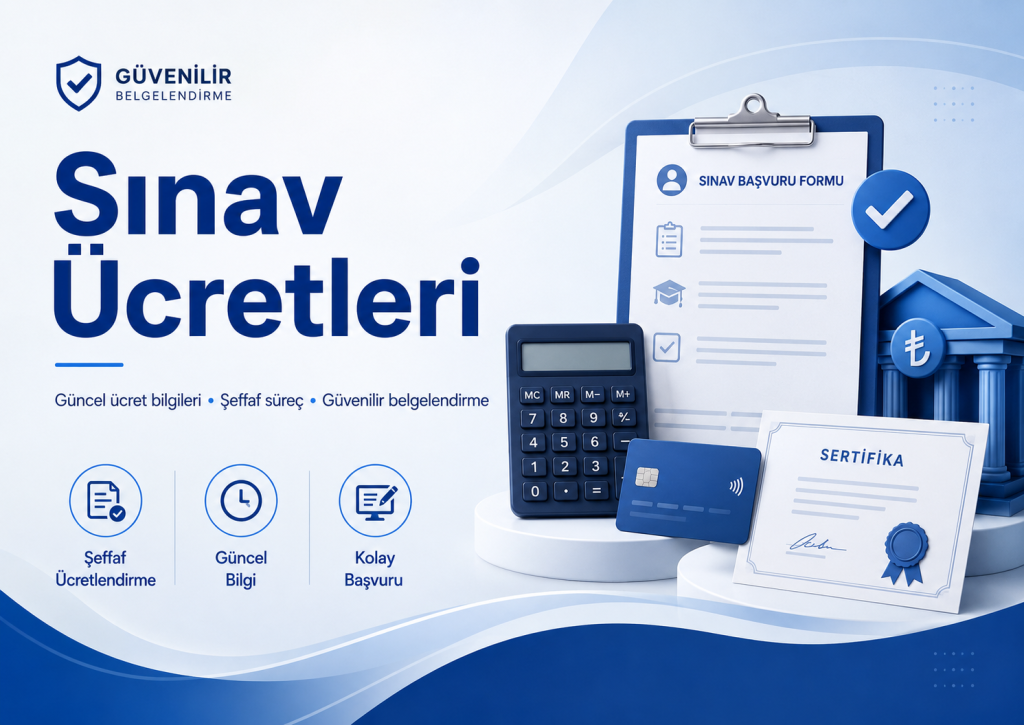 Sınav Ücretleri sayfası için başvuru formu, hesap makinesi, banka ve sertifika unsurlarını içeren kurumsal görsel