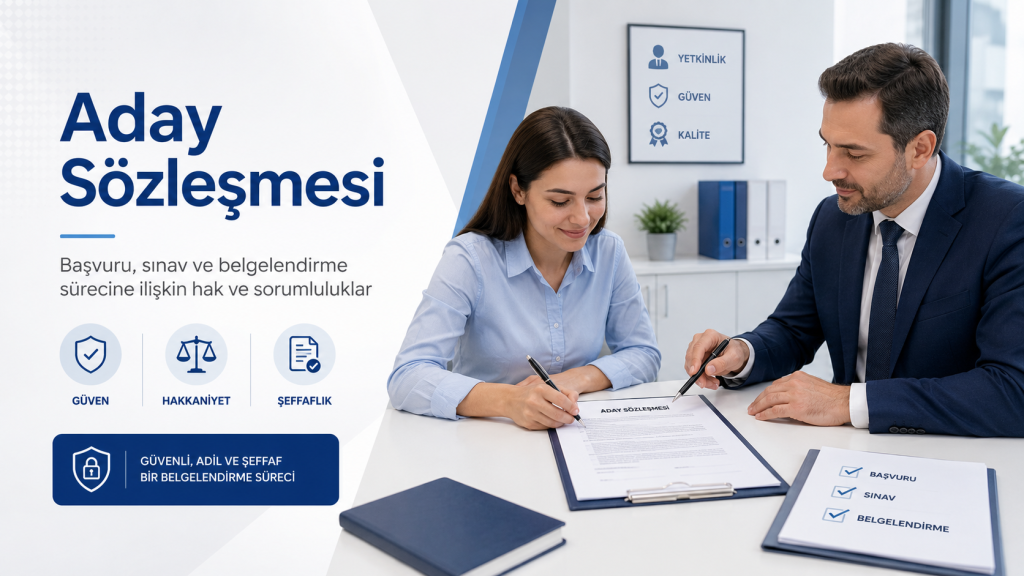 Aday Sözleşmesi başvuru, sınav ve belgelendirme sürecindeki hak ve sorumlulukları anlatan görsel