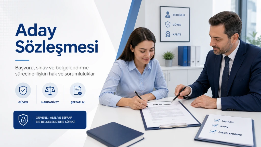 Aday Sözleşmesi başvuru, sınav ve belgelendirme sürecindeki hak ve sorumlulukları anlatan görsel