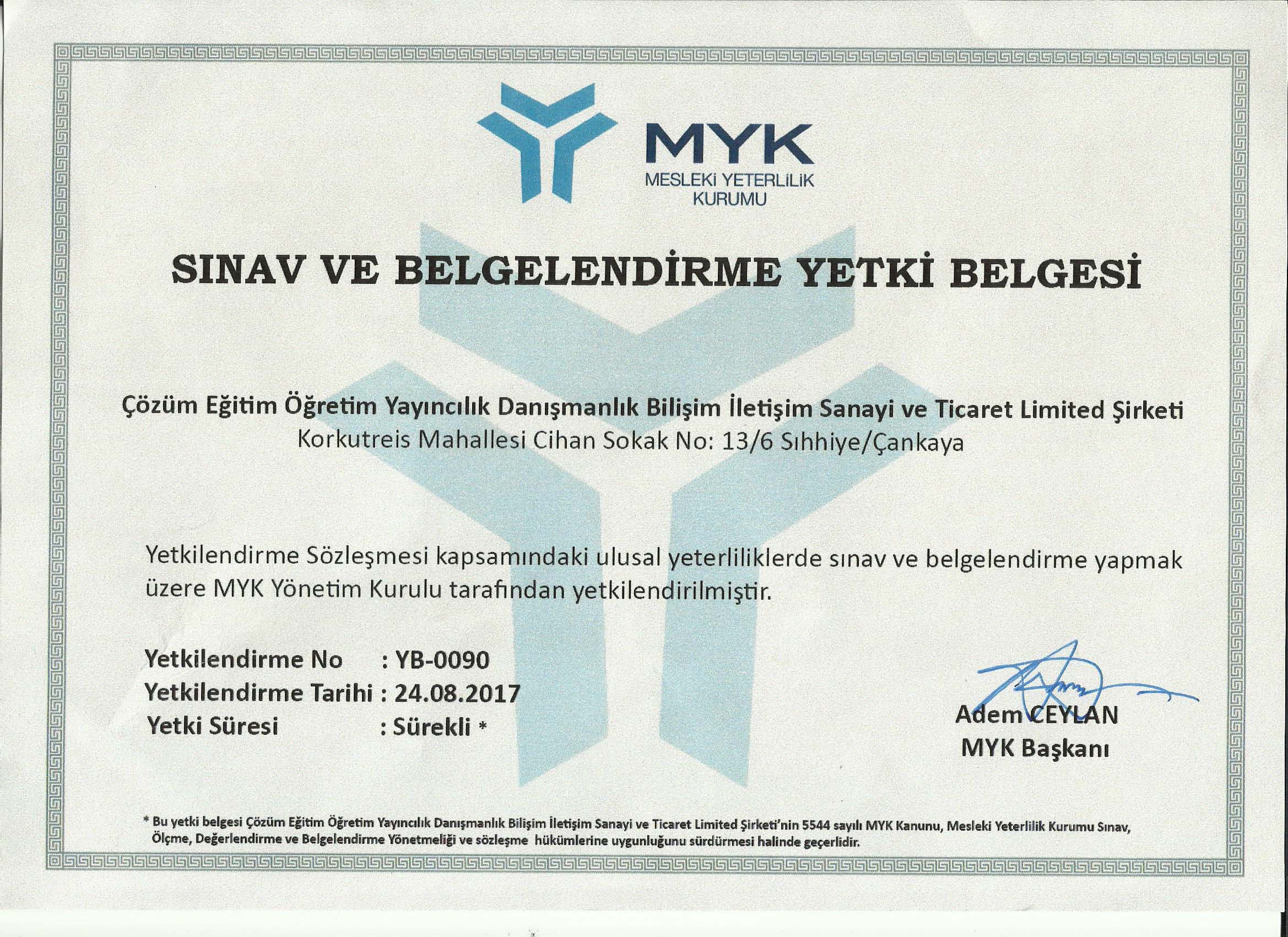 Çözüm Belgelendirme MYK Yetki Belgesi