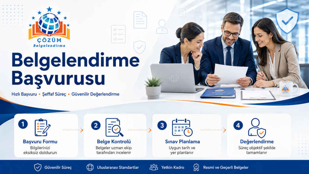 Çözüm Belgelendirme logosu ile belgelendirme başvurusu sürecinin başvuru formu, belge kontrolü, sınav planlama ve değerlendirme aşamalarını gösteren görsel
