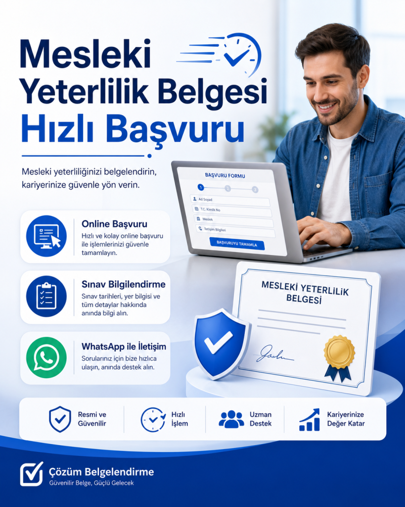 Mesleki Yeterlilik Belgesi Hızlı Başvuru için online başvuru, sınav bilgilendirme ve WhatsApp iletişim seçeneklerini gösteren Çözüm Belgelendirme görseli.