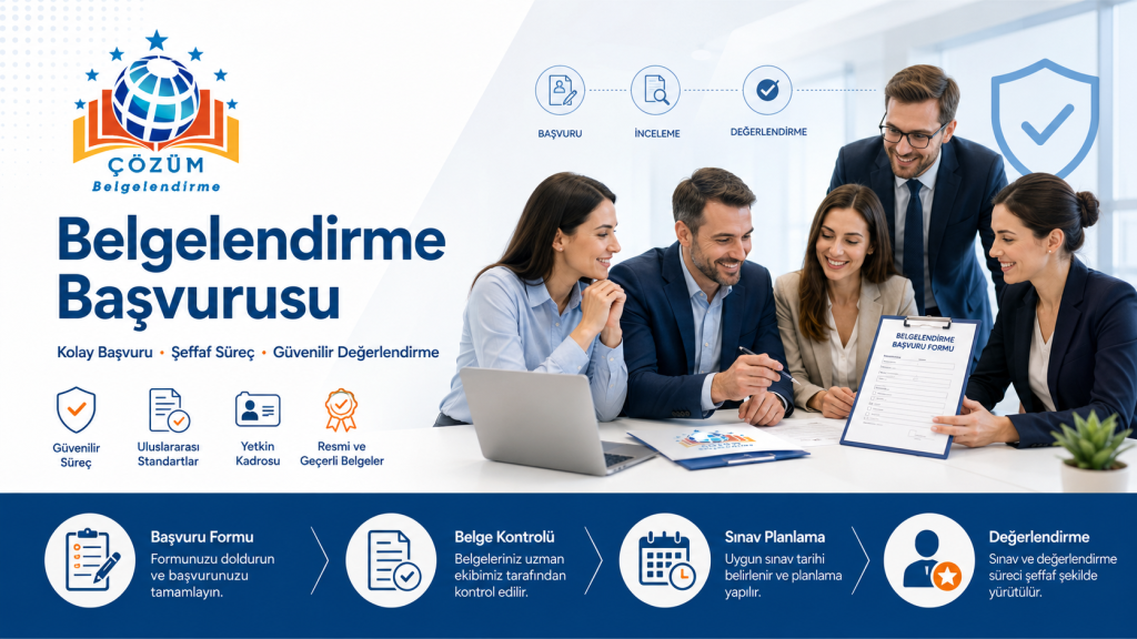 Çözüm Belgelendirme logosu ile belgelendirme başvurusu sürecini anlatan kurumsal görsel