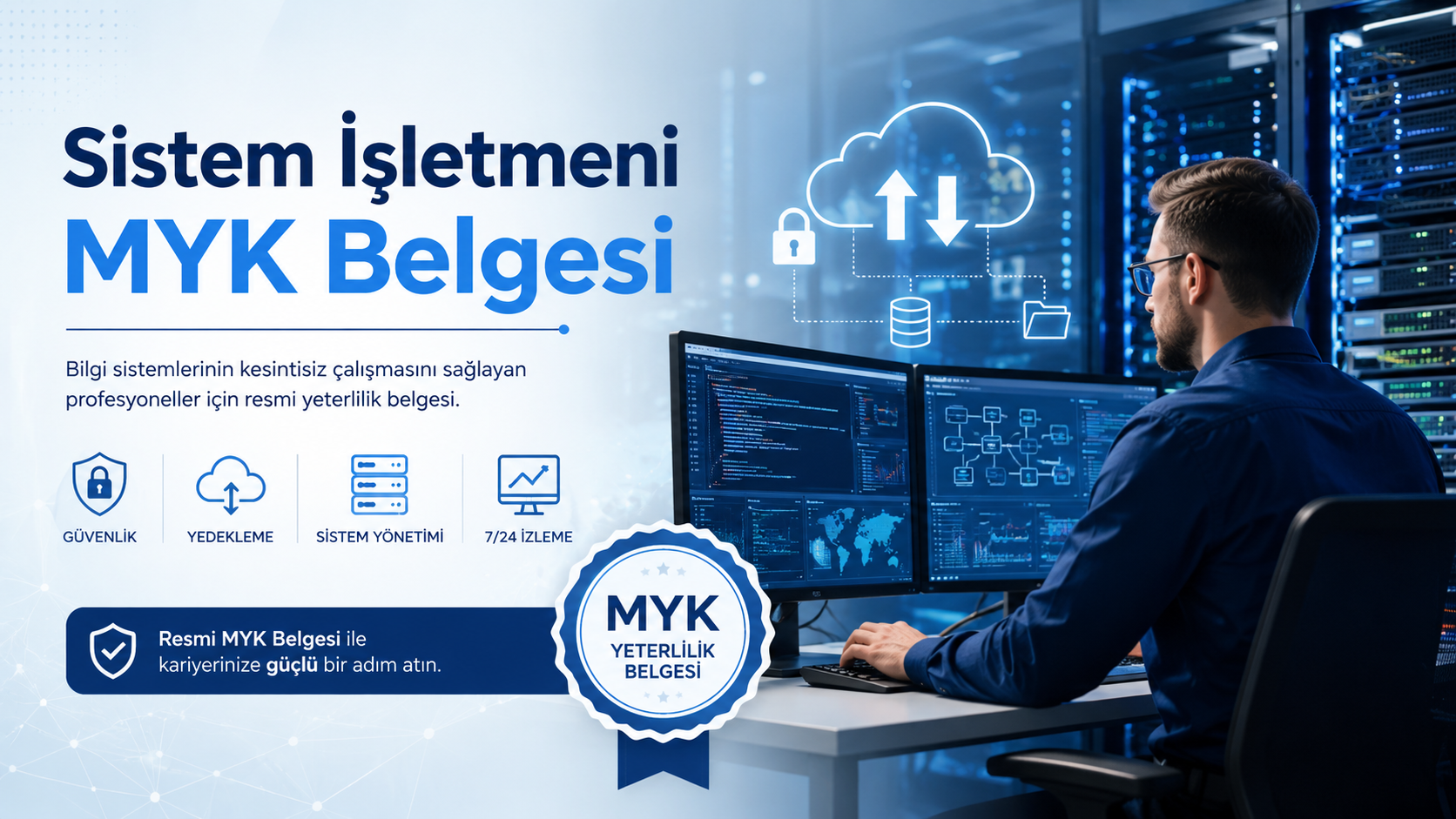Sunucu odasında çalışan sistem işletmeni ve Sistem İşletmeni MYK Belgesi görseli