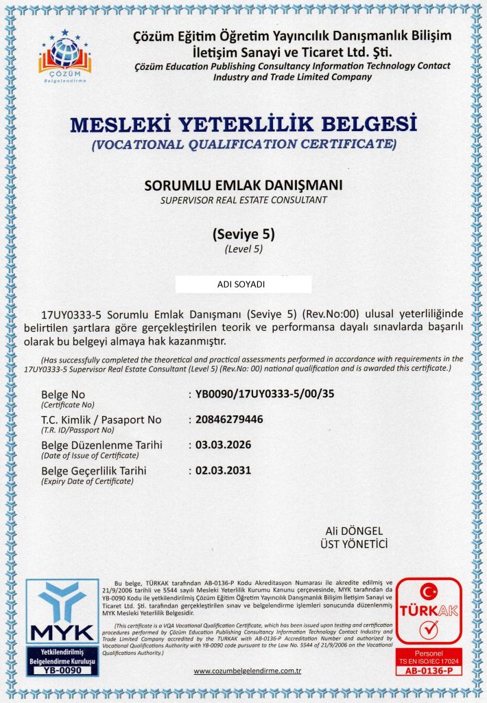 Sorumlu Emlak Danışmanı Seviye 5 MYK Belgesi Örneği